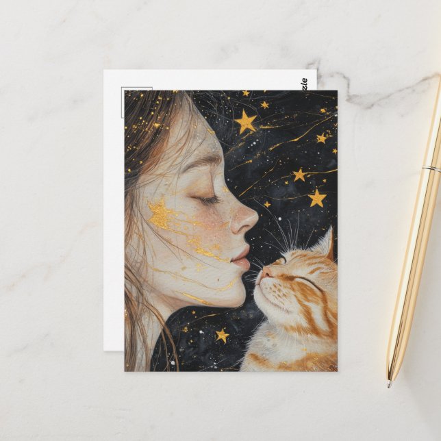 Carte Postale Le chat roux mignon et une femme (Devant/Arrière en situation)