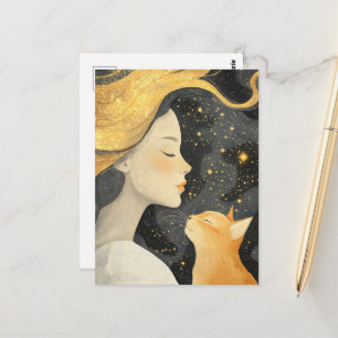 Carte Postale Le chat roux mignon et une femme
