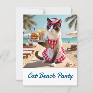 Carte Postale Le chat sert un hamburger pour la fête de plage