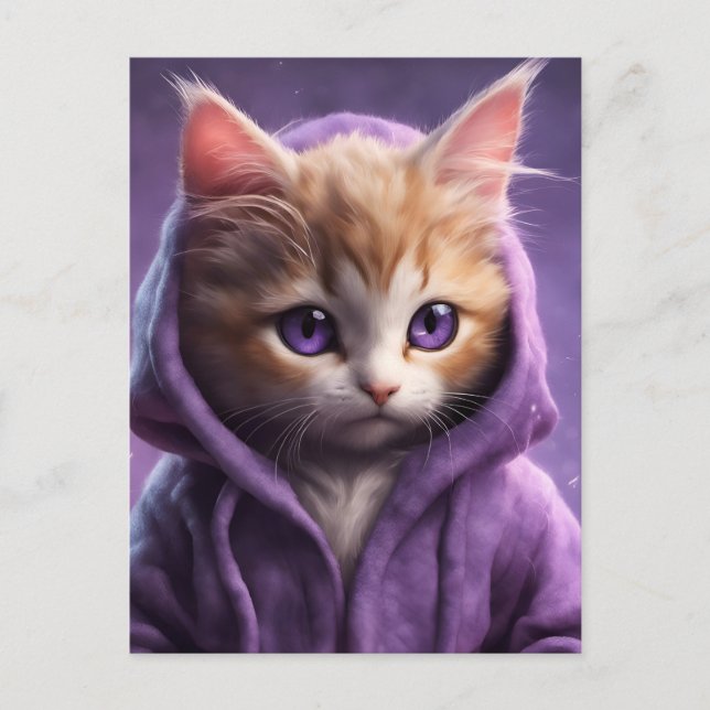 Carte Postale Le chaton dans un Sweat - shirt à capuche pourpre (Devant)