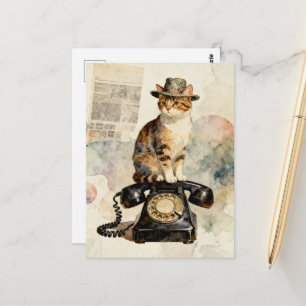 Carte Postale Le chaton sur le téléphone vintage