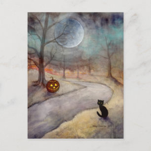 Carte Postale Le chemin oublié Halloween Chat noir et Citrouille