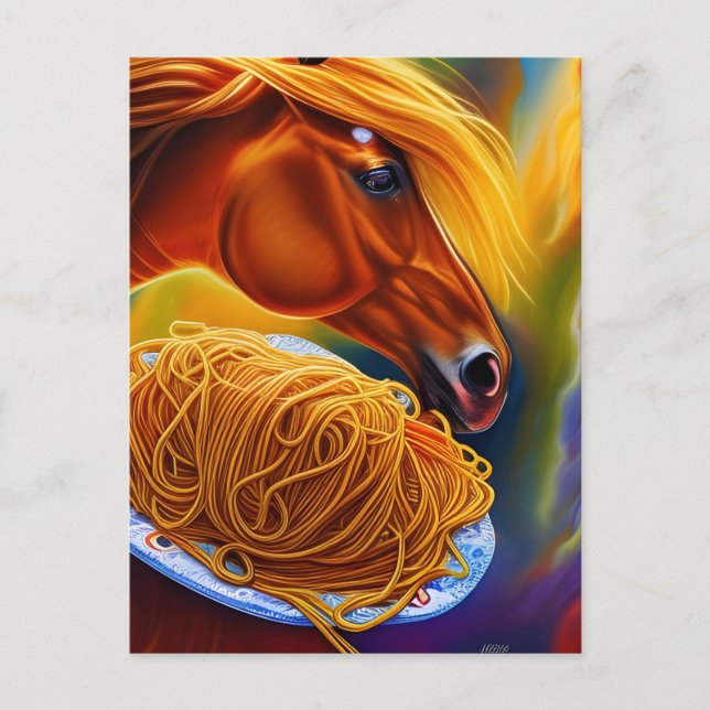 Carte Postale Le Cheval Mange Spaghetti (Devant)