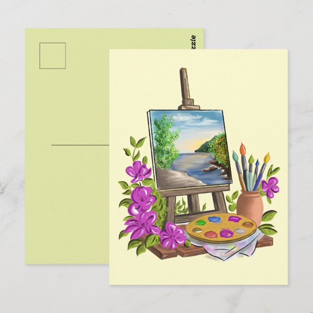 Carte Postale Le chevalet del'artiste peintre. (Devant / Derrière)