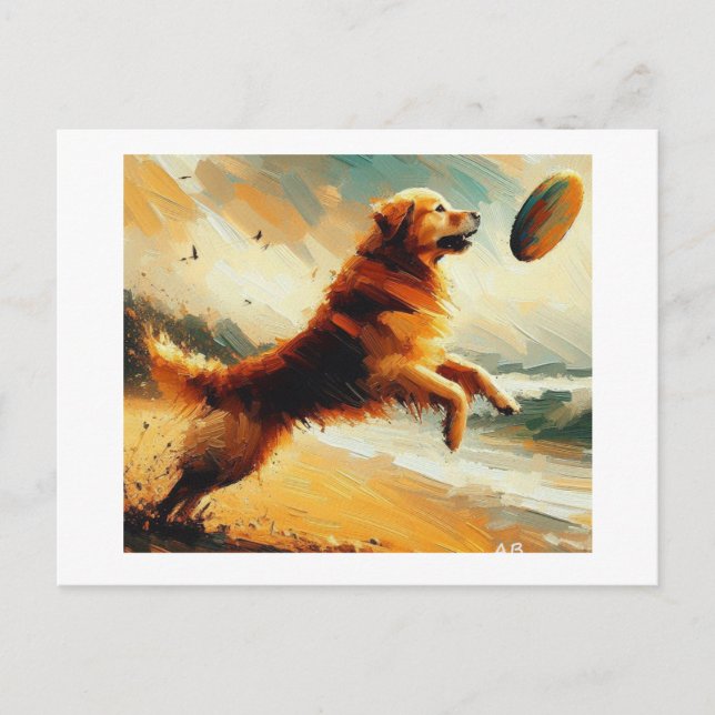 Carte Postale Le Chien Sautant Pour Frisbee, (Devant)