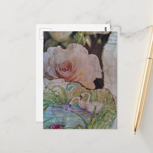 Carte Postale Le collage Swan et Roses (Devant/Arrière en situation)