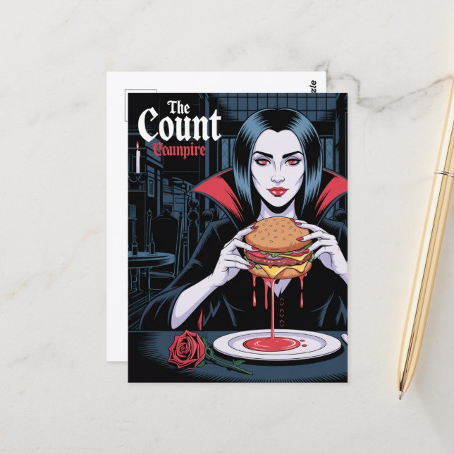 Carte Postale Le comte vampire avec un cheeseburger (Devant/Arrière en situation)