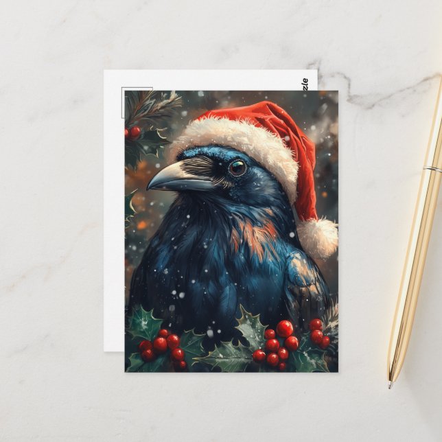 Carte Postale Le Corbeau de Noël mignon (Devant/Arrière en situation)
