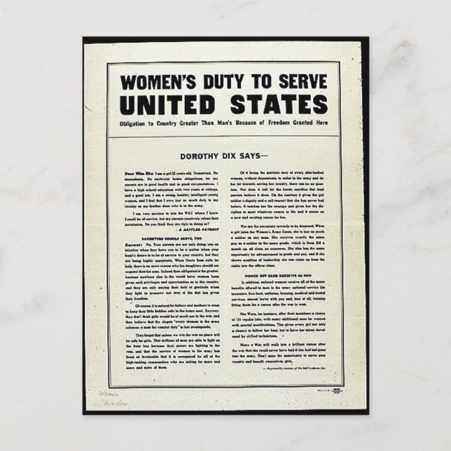 Carte Postale Le devoir des femmes de servir les États-Unis (Devant)