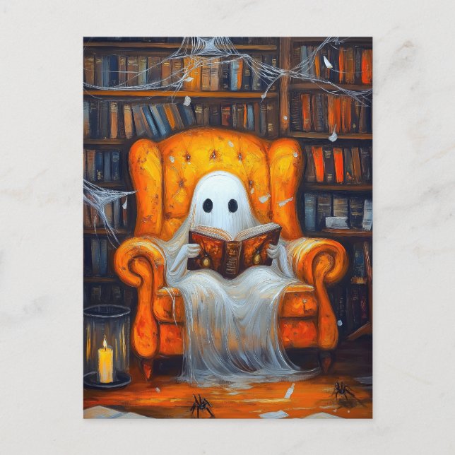 Carte Postale Le fantôme des livres | Cosy Halloween Library Scè (Devant)