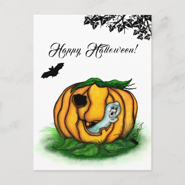 Carte Postale Le fantôme d'Halloween, chauve-souris, fantôme et  (Devant)