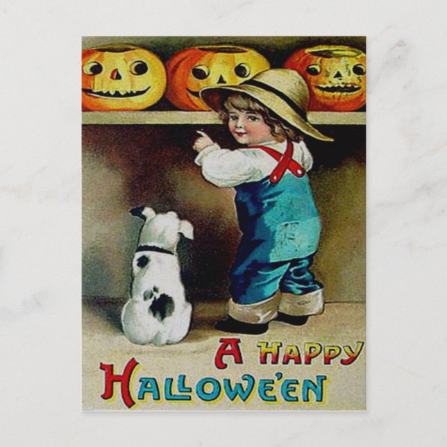 Carte Postale Le garçon et son chien regardent Jack O'Lanterns (Devant)