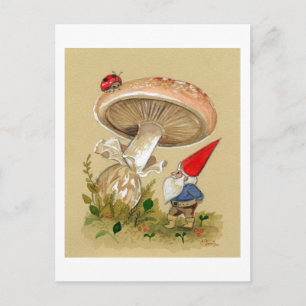 Carte Postale Le gnome trouvent une coccinelle et un champignon
