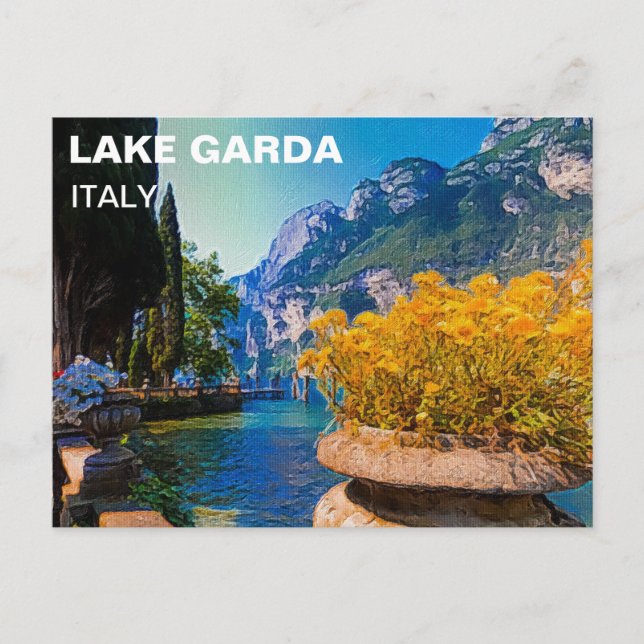 Carte Postale Le lac de Garde et les fleurs jaunes Peinture à l' (Devant)