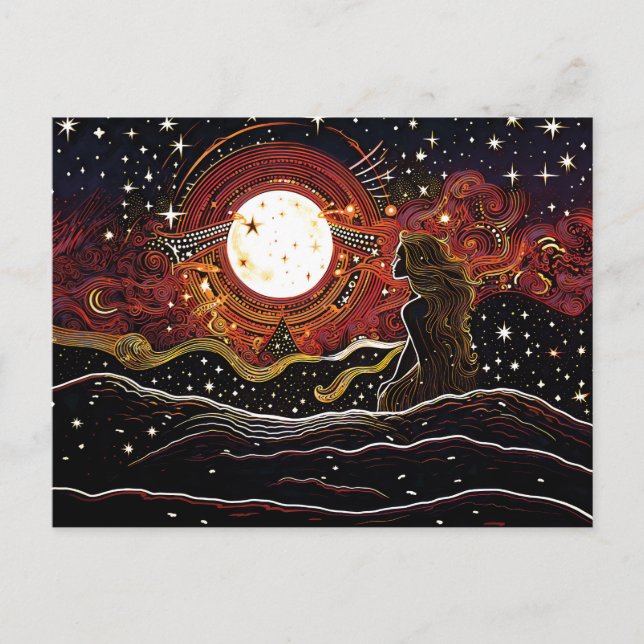Carte Postale Le linocut de sirène qui regarde la lune dans la v (Devant)