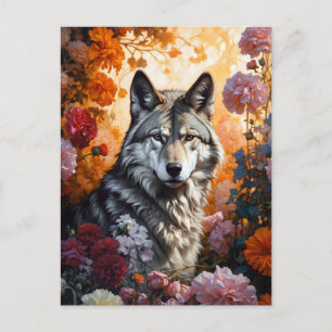 Carte Postale le loup est assis en fleurs au coucher du soleil