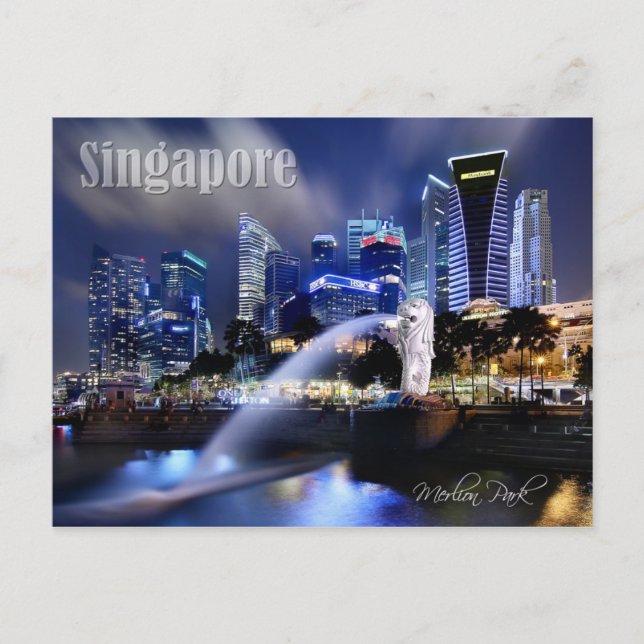 Carte Postale Le Merlion et Singapour Skyline (Devant)