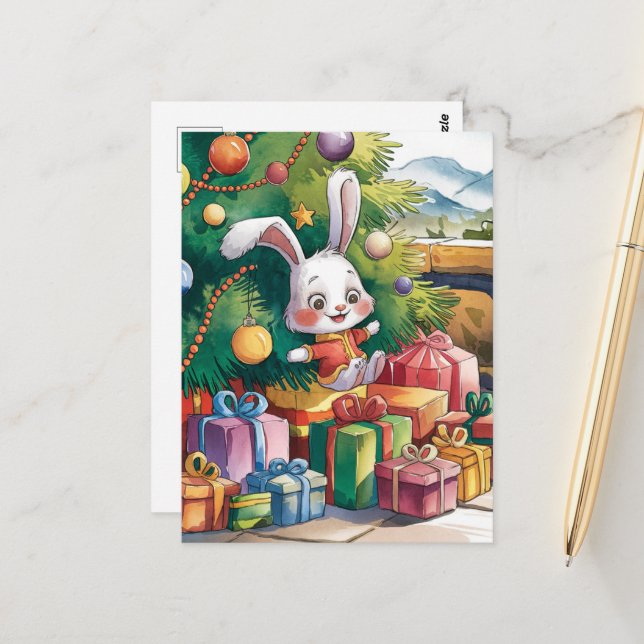 Carte Postale Le mignon lapin de Noël (Devant/Arrière en situation)