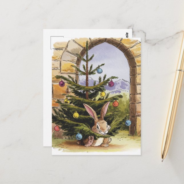 Carte Postale Le mignon lapin de Noël nibble l'arbre (Devant/Arrière en situation)