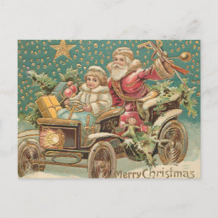 Carte Postale Le Père Noël et l'Aide en Voiture Vintage Noël