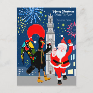 Carte Postale Le Père Noël et le coq toast au Nouvel An