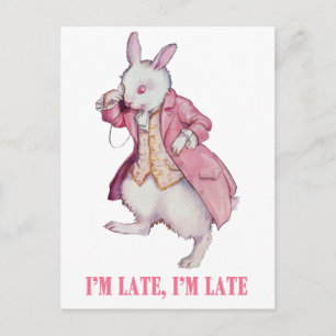 CARTE POSTALE LE RABBIT BLANC D'ALICE DIT : "JE SUIS EN RETARD,