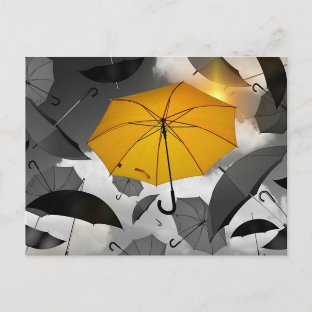 Carte Postale Le soleil arrive, avalanche de parapluies (Devant)