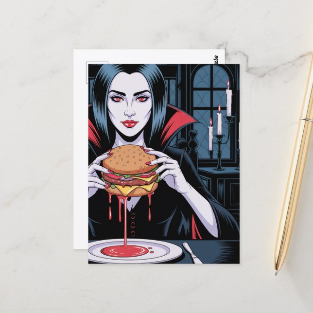Carte Postale Le Vampire Avec un Cheeseburger (Devant/Arrière en situation)