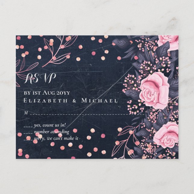 Carte Postale LeahG Denim Blue Rosegold rose Mariage floral (Devant)