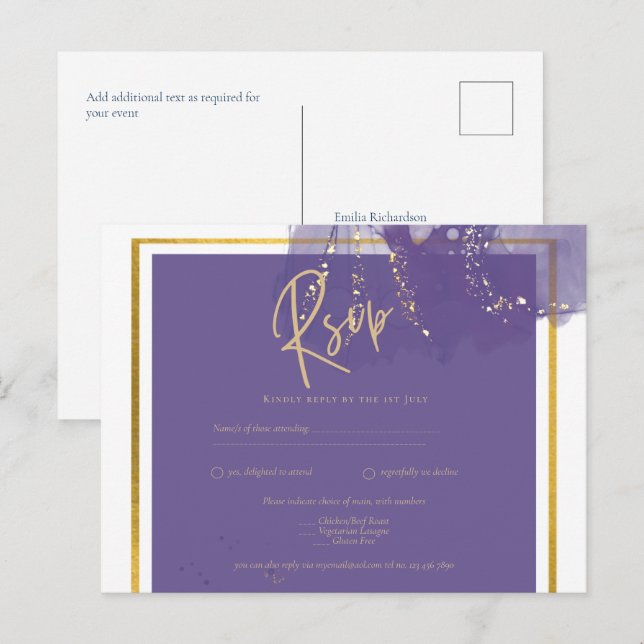 Carte Postale LeahG PURPLE OR Mariage Lavender INK RSVP (Devant / Derrière)