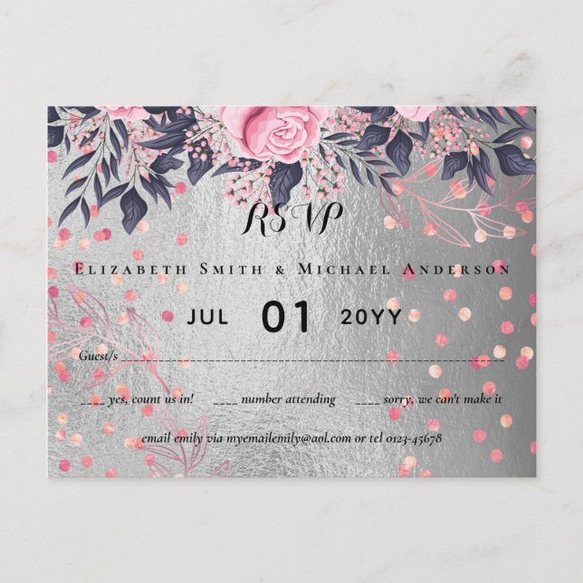 Carte Postale LeahG Silver Navy Rosegold PInk Floral Mariage (Devant)