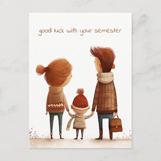 Carte Postale L'écolier tient les mains avec sa mère et son père (Devant)