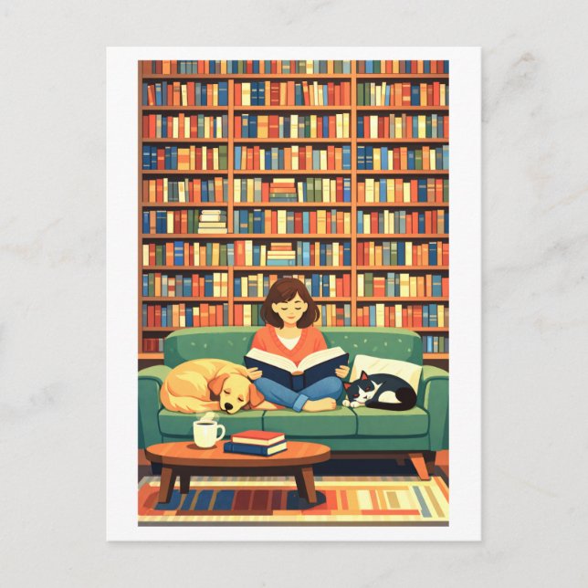 Carte Postale Lecture avec illustration de chat et de chien (Devant)