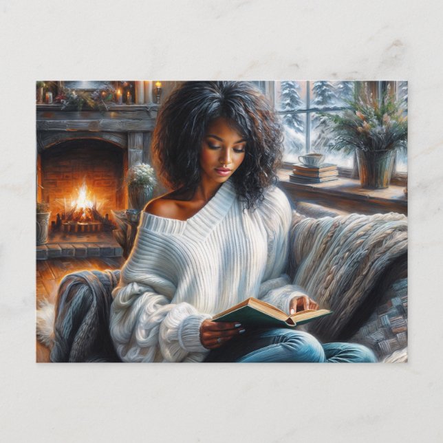 Carte Postale Lecture d'hiver Femme Noire Art Cosy (Devant)