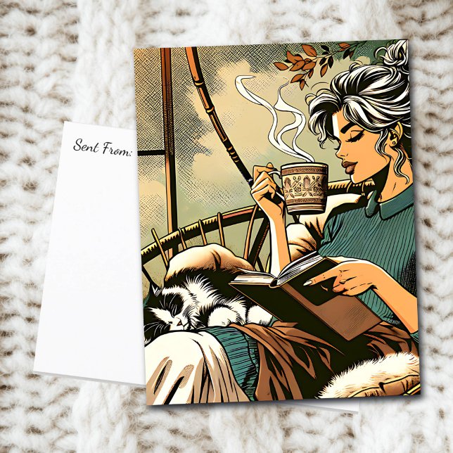 Carte Postale Lecture douce Lady avec café et chat (Créateur téléchargé)