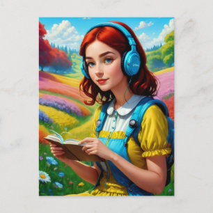Carte Postale Lecture fille avec casque paysage coloré