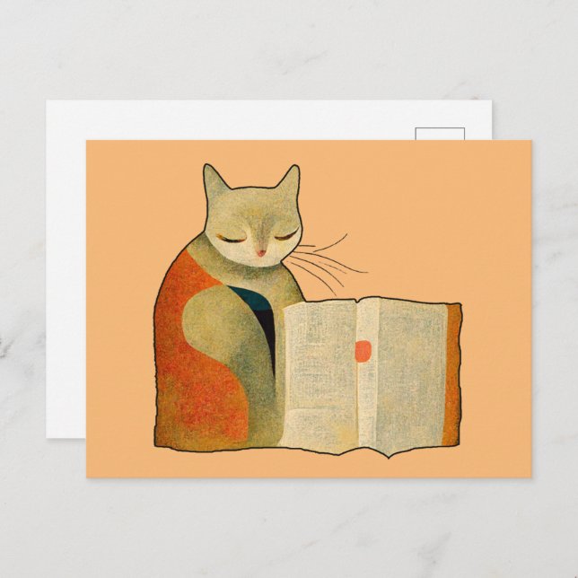 Carte Postale Lecture simple d'un livre par chat (Devant / Derrière)