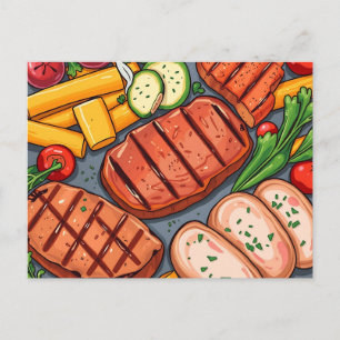 Carte Postale Légumes grillés colorés et viandes maigres