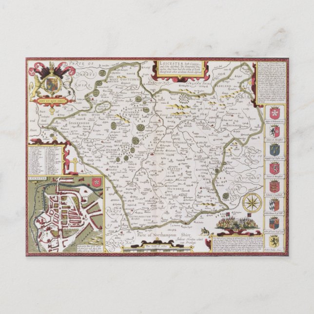 Carte Postale Leicester, gravée par Jodocus Hondius (Devant)