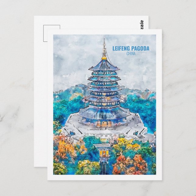 Carte Postale Leifeng Pagoda china Travel Aquarelle Croquis (Devant / Derrière)