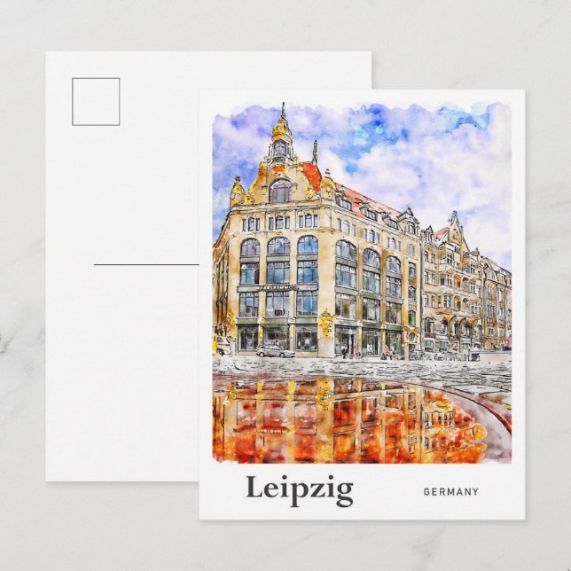 Carte Postale Leipzig Allemagne Voyage Aquarelle main tirée (Devant / Derrière)
