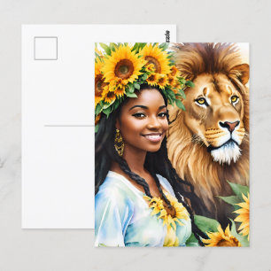 Carte Postale Leo Black Woman avec des tournesols et du lion