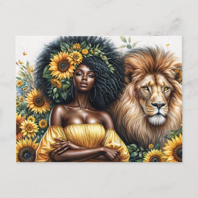 Carte Postale Leo Femme Noire Avec Thème Lion Tournesol (Devant)