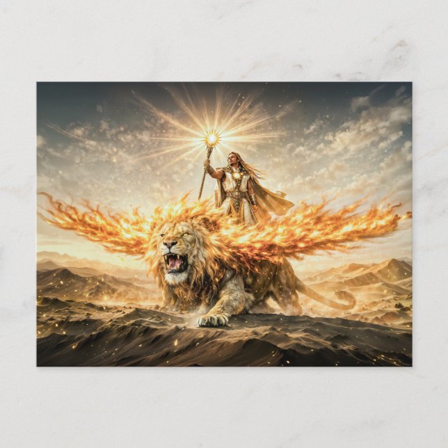 Carte Postale Leo Zodiac with Warrior Riding a Fiery Winged Lion (Devant)