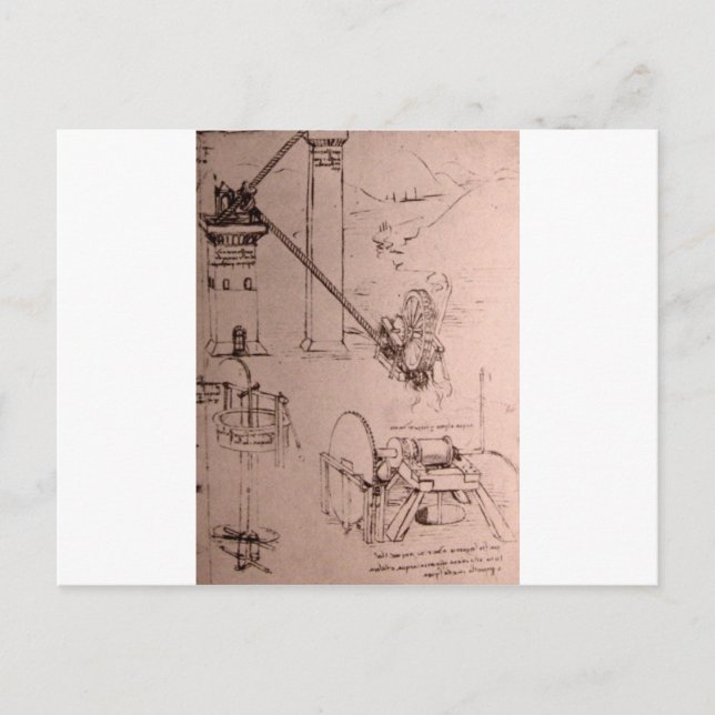 Carte Postale Léonard de Vinci, dessins de machines (Devant)