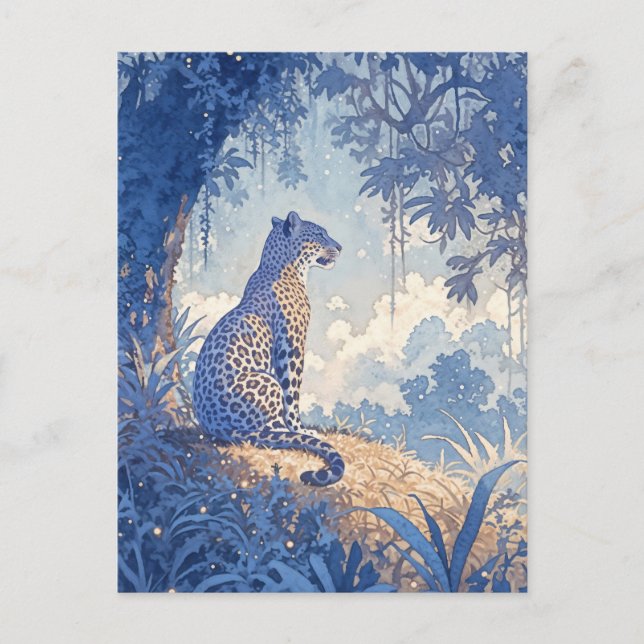 Carte Postale Léopard assis dans une forêt à l'aquarelle indigo  (Devant)
