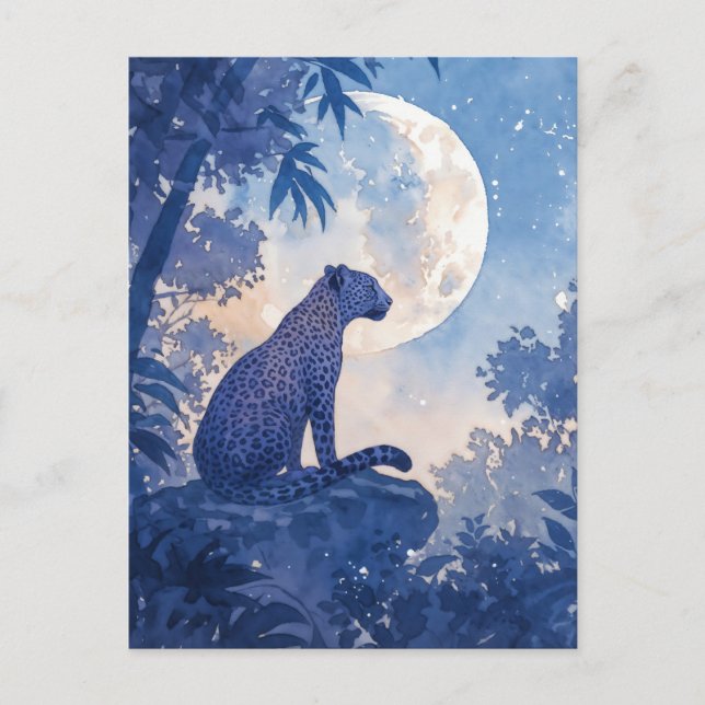 Carte Postale Léopard assis sur un rocher sous une pleine lune é (Devant)