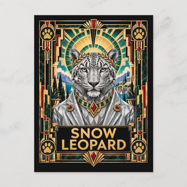Carte Postale Léopard des neiges, faune Art Déco (Devant)