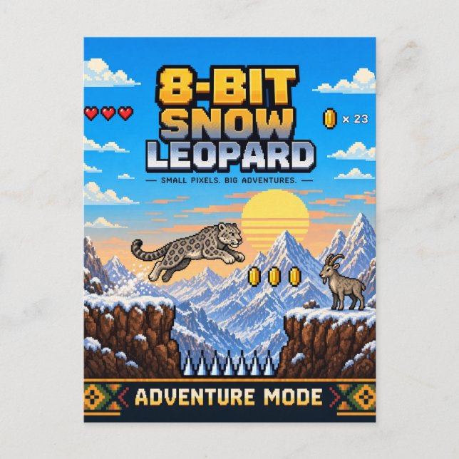 Carte Postale Léopard des neiges, Rétro Pixel Art 8-Bit (Devant)