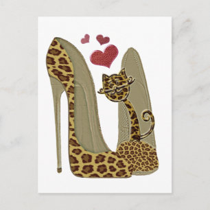 Carte Postale Leopard Stiletto Chaussures et Cat Art